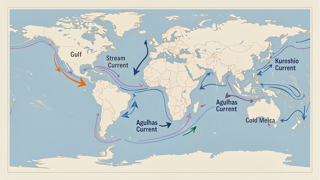 Educational world-map style illustration showing major world ocean currents such as the Gulf Stream, Kuroshio, and Agulhas with directional arrows.