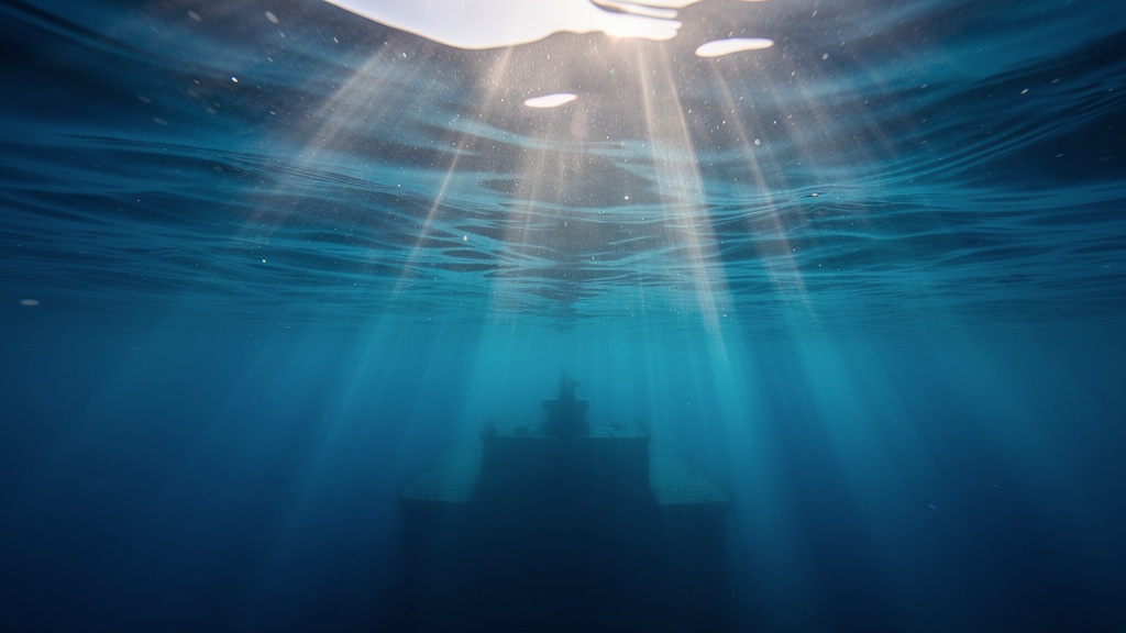 Underwater photograph looking up at sunlight rays filtering down through clear deep seawater with a submerged silhouette in the distance.
