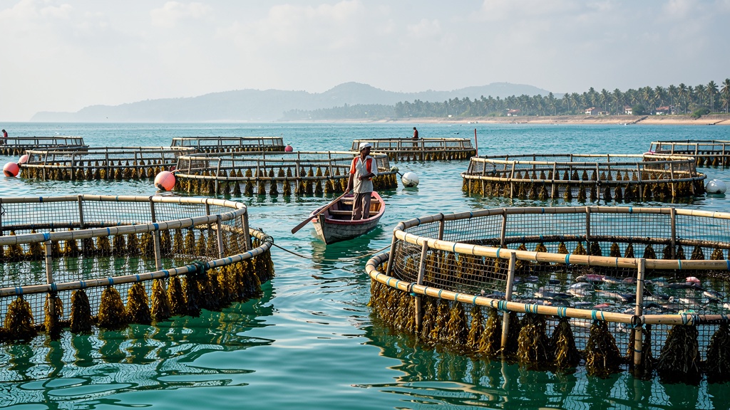 A sustainable aquaculture farm infrastructure on a calm Indian estuary, with floating cages and a sunset backdrop.