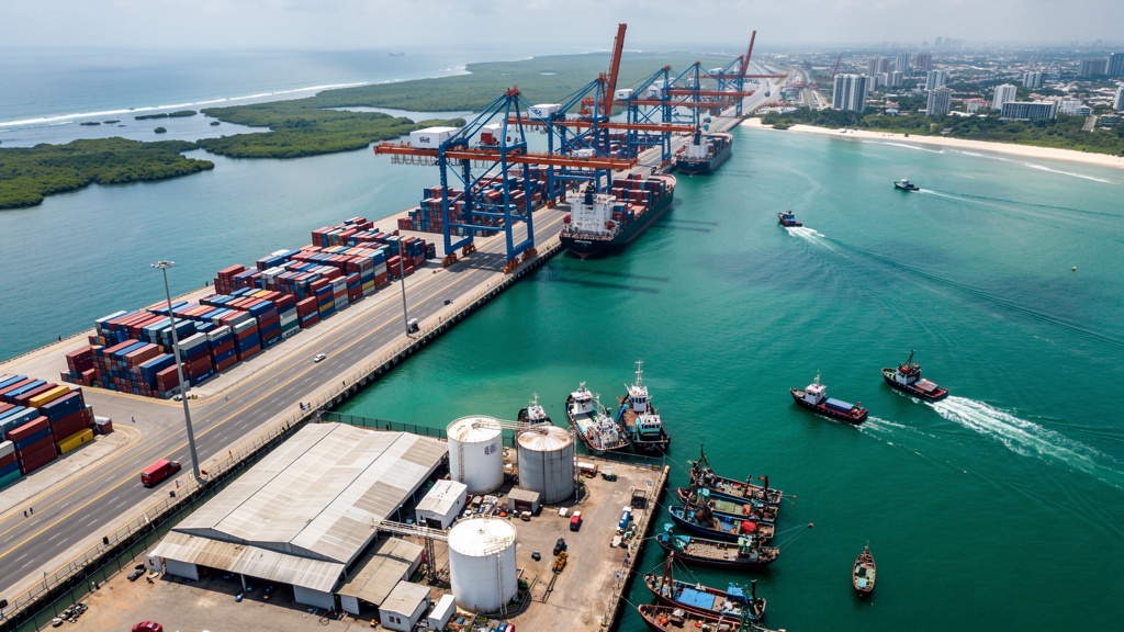 A major Indian seaport at golden-hour light, with stacked containers, gantry cranes and a deep-water berth for large vessels.