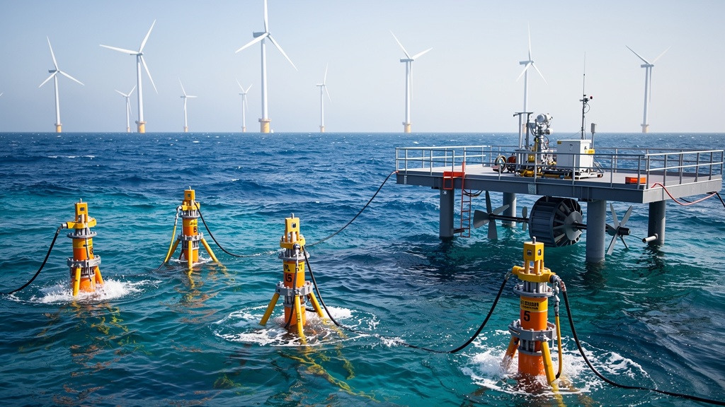 A calm blue surface with several ocean energy devices — point-absorber wave buoys, a small tidal turbine platform, and offshore wind turbines in the background.