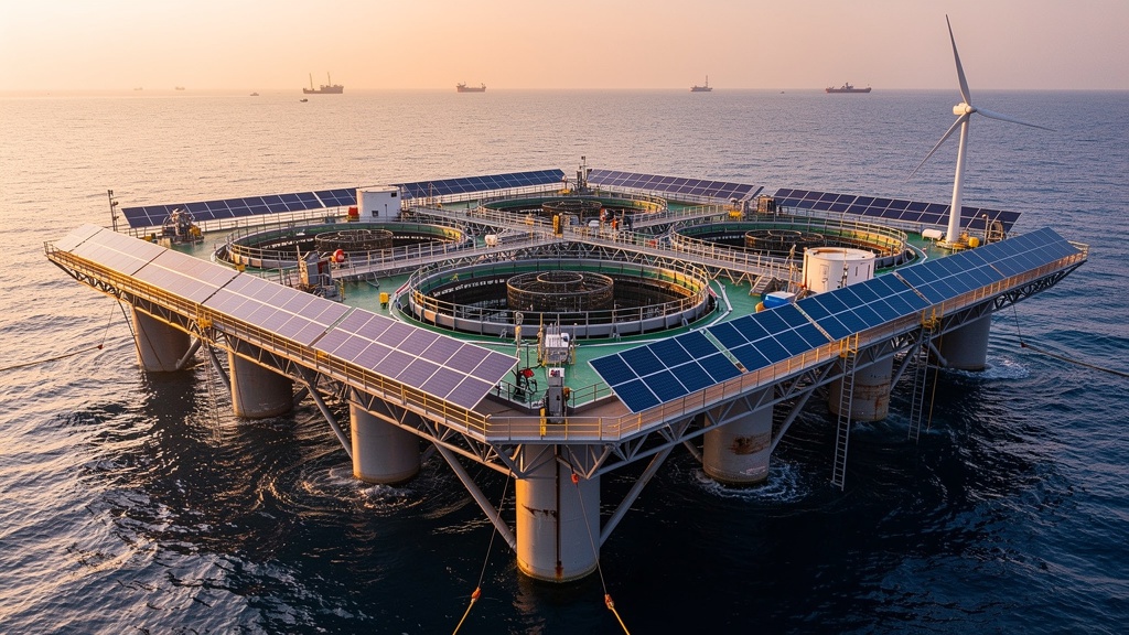 Photograph of a semi-submersible marine aquaculture farm with perimeter PV panels and a small wind turbine.