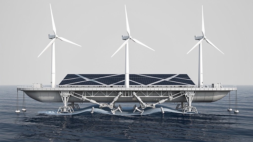 Concept rendering of a semi-submersible hybrid floating renewable energy platform — wind turbines on top, a small solar field on the deck, and wave energy converters attached to the hull, at sea.