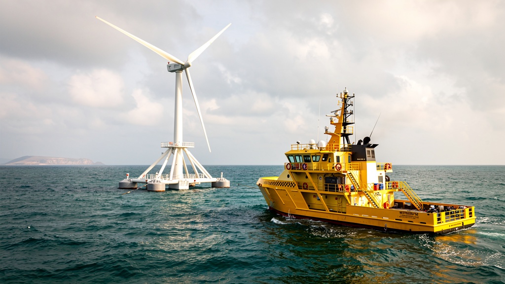 Photograph of a yellow offshore service vessel next to a large floating wind turbine prototype in the sea near India’s west coast.