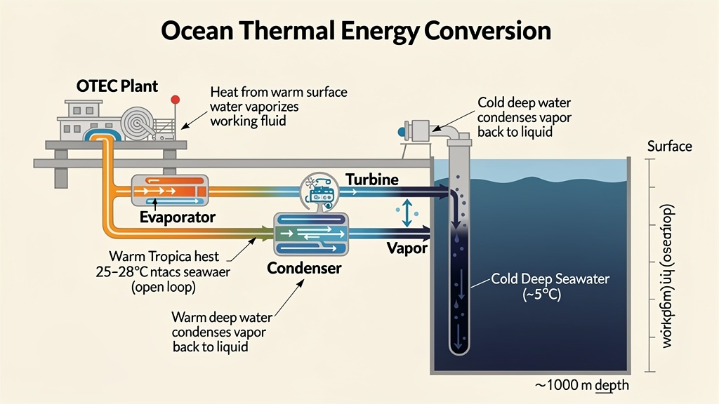 Educational diagram explaining the OTEC closed cycle with warm surface water and cold deep water.