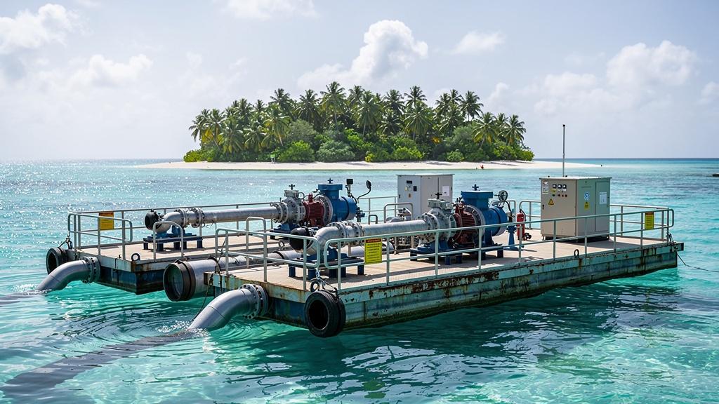 Small Low-Temperature Thermal Desalination (LTTD) barge platform with pipes set in a turquoise lagoon off Lakshadweep.