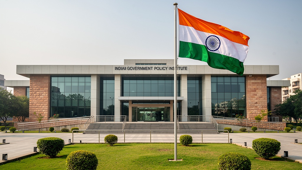 The entrance facade of a major Indian public-sector research institution in a clean modernist style, evoking NIOT or INCOIS.