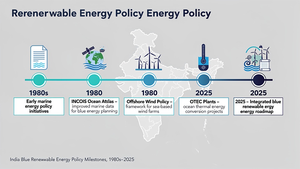 A long printed Indian policy timeline poster tracking the major milestones of offshore-wind lease blocks and the Deep Ocean Mission.
