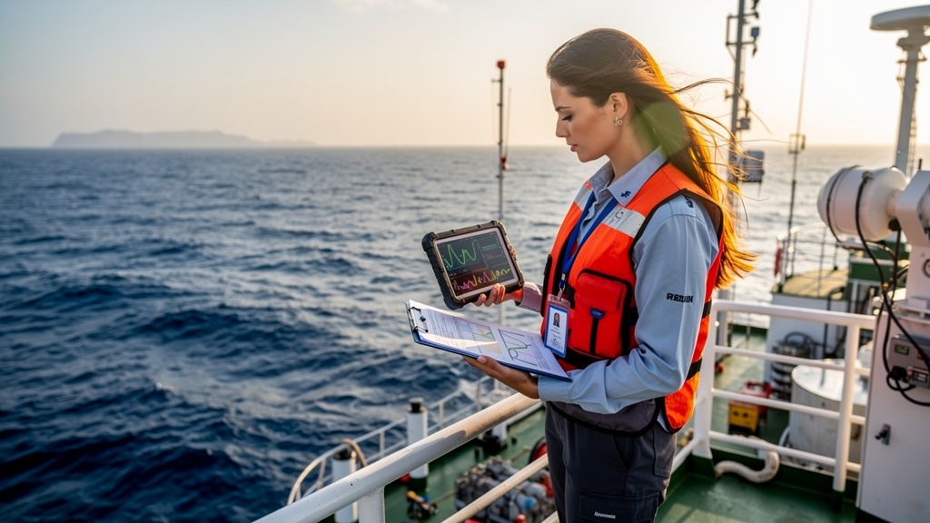 A marine scientist on the upper deck of an Indian oceanographic research vessel studying wave patterns near the west coast.