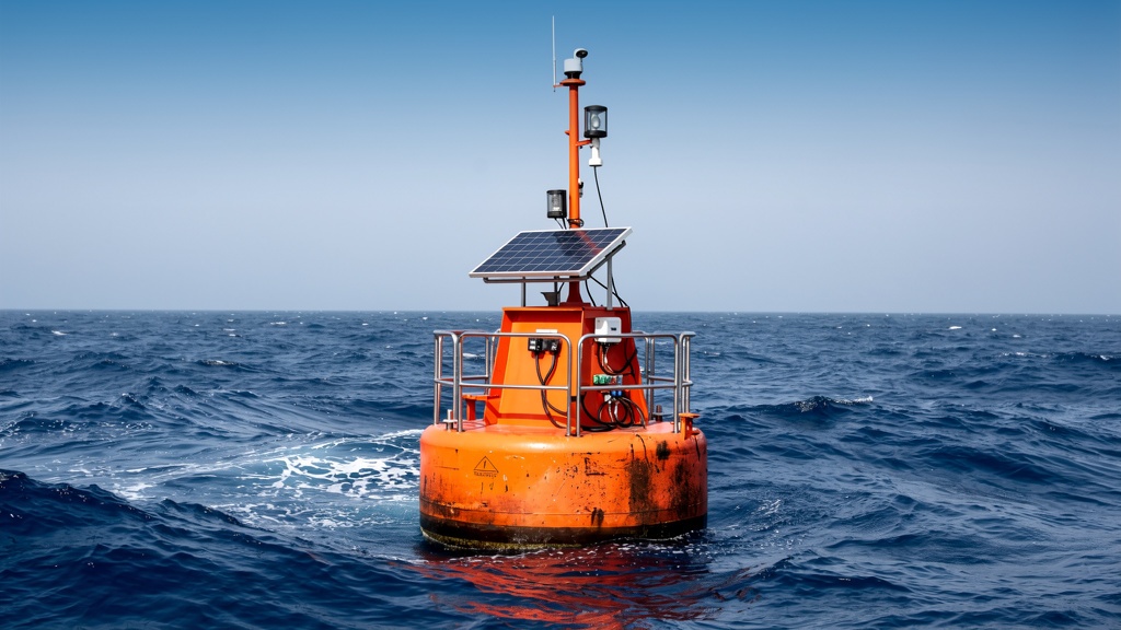 A wave-powered navigational buoy drifting on the open sea off India's coast, bright orange colour, calm to moderate waves.