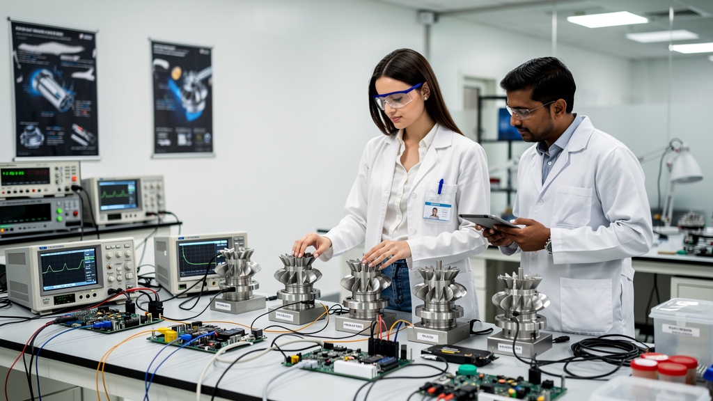 A lab technician testing small turbine prototypes on a long bench inside an Indian research laboratory.