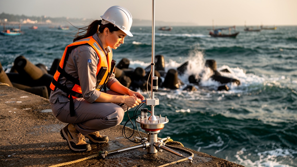 A marine engineer on the breakwater of Vizhinjam harbour on India's southern coast with a small spinning ocean research buoy.