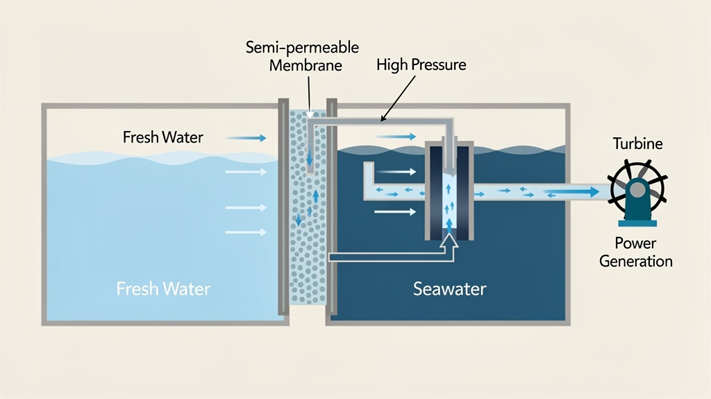 Educational diagram of PRO salinity-gradient energy: fresh river water on one side, seawater on the other, separated by a semi-permeable membrane, with pressurised seawater driving a turbine.