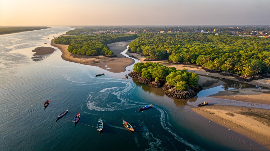 Aerial photograph of an estuary in India where river freshwater meets the blue seawater, with mangrove strips.