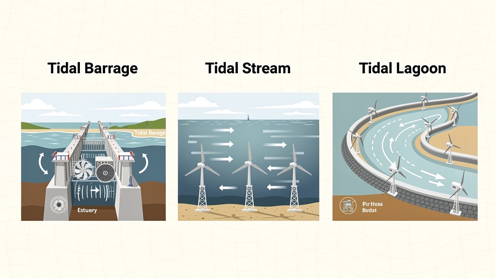 Educational cross-section infographic comparing tidal barrage, tidal stream and tidal lagoon systems.