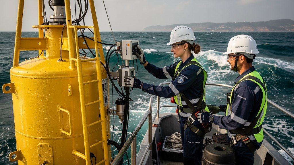 An ocean engineering engineer servicing a wave energy buoy from a small boat in deep blue water.