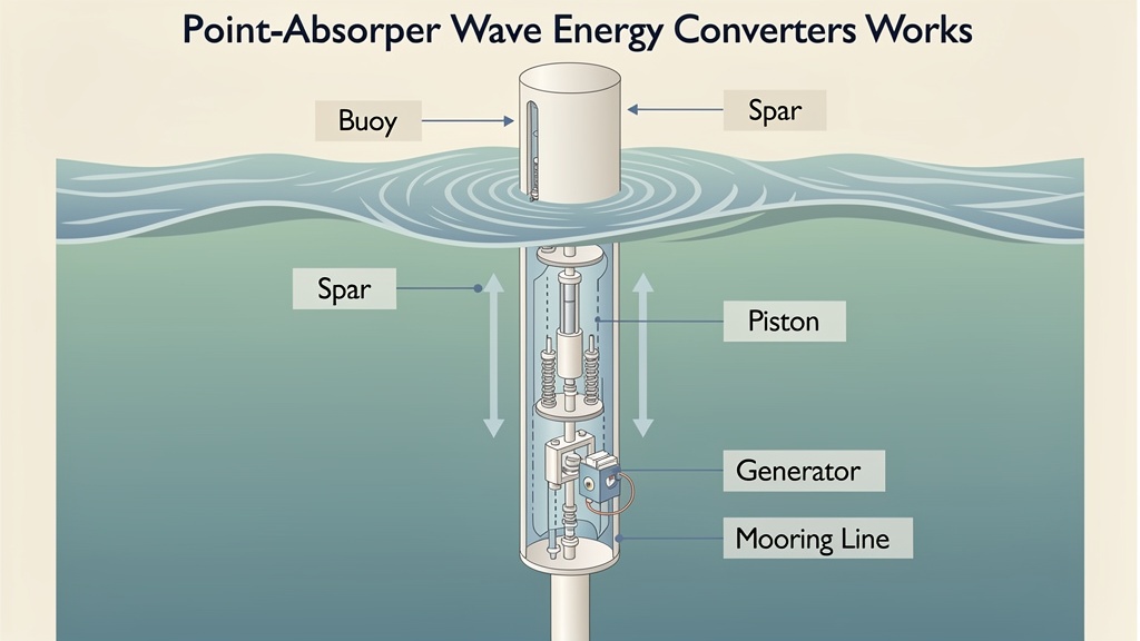 A clean educational diagram showing a point-absorber wave energy converter with the buoy floating, vertical motion driving a piston inside the spar.