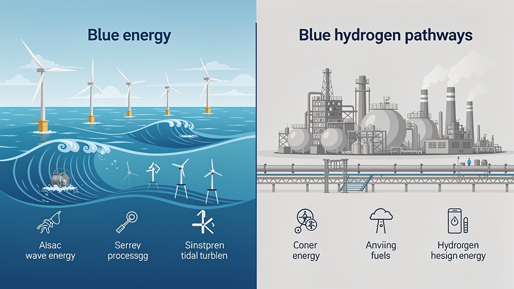 A split-screen illustration contrasting marine renewables on the left with industrial blue-hydrogen pathways on the right.