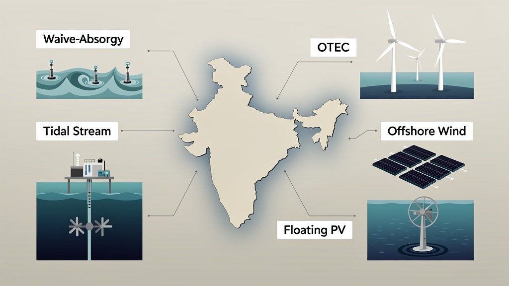 Six ocean energy technologies arranged circularly around a stylised Indian coastline.
