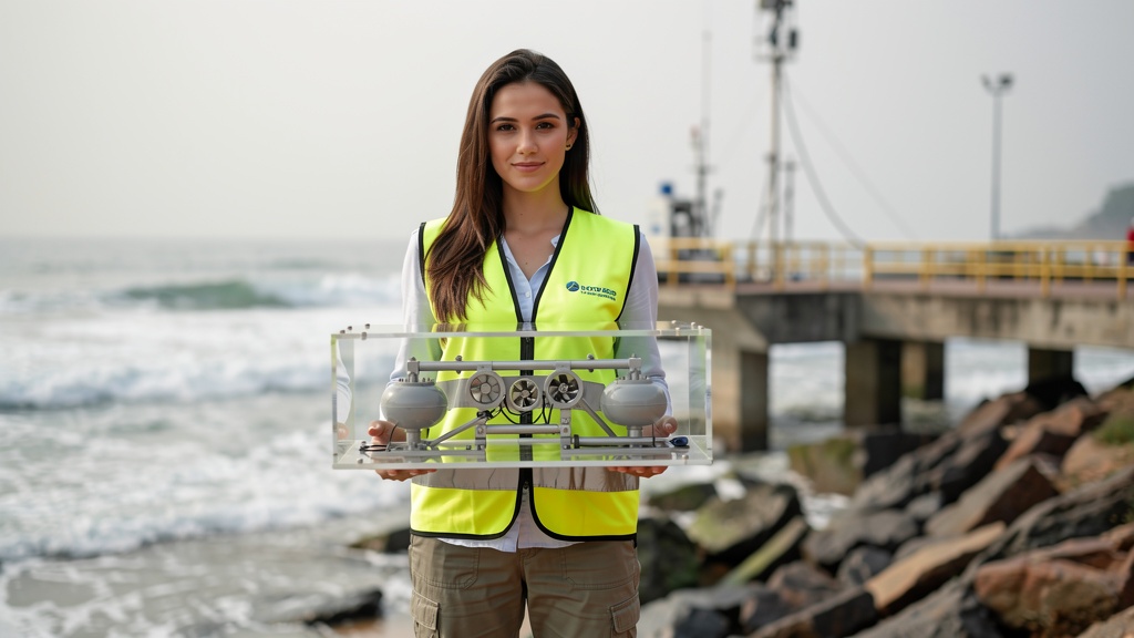A marine scientist woman holds a clear scale model of an ocean wave energy converter ship at a coastal research station in India.
